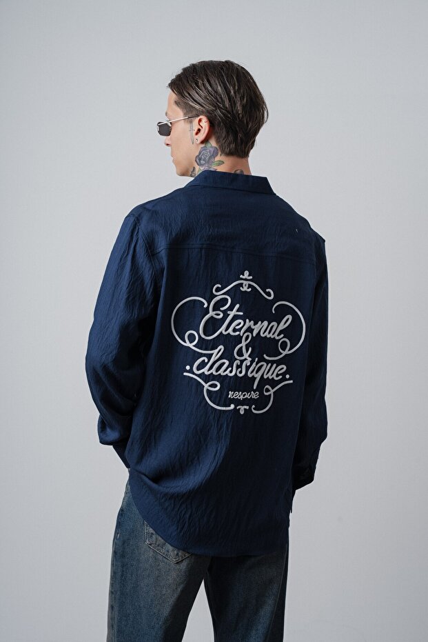 Men's Eternal Embroidered Long Sleeve Linen Oversized Shirt Navy Blue