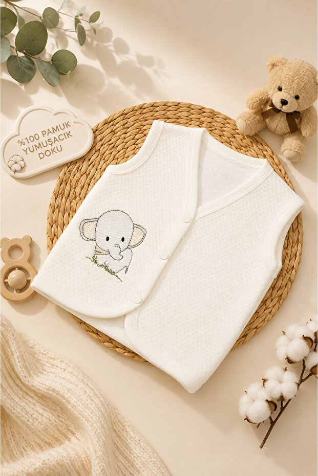 Quilted Combed Cotton Anti-Sweat Vest. Cream Elephant Embroidery