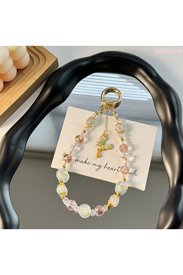 green Light Luxury Crystal Phone Chain Gold Foil Handmade Bead Short Wrist Chain Butterfly Pendant P