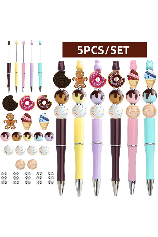 donuts 5pcs/set Donut Ice Cream Wooden Bead DIY Bead Pen, Donut Ice Cream DIY Ballpoint Pen Set, for