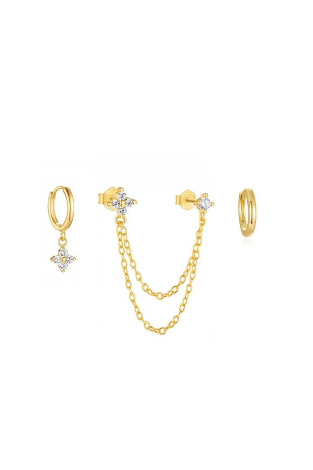 3Pcs Gold White 2 3PCS Fashion Four Zircon Flower Dangle Hoop Stud Earring Set For Women Stainless S