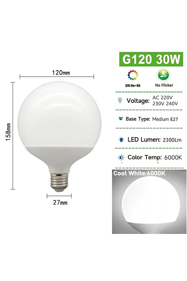 G120 30W Cold white LED Bulbs E27 30W 20W 15W 9W 5W Energy Saving DC AC 220V 230V G80 G95 G120 LED L