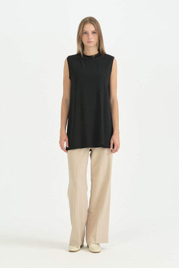 Chiffon Front Sleeveless Combed Cotton Undergarment - Black