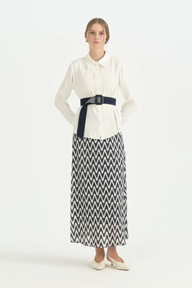 Comfortable Fit Lace Skirted Shirt Set - Navy Blue