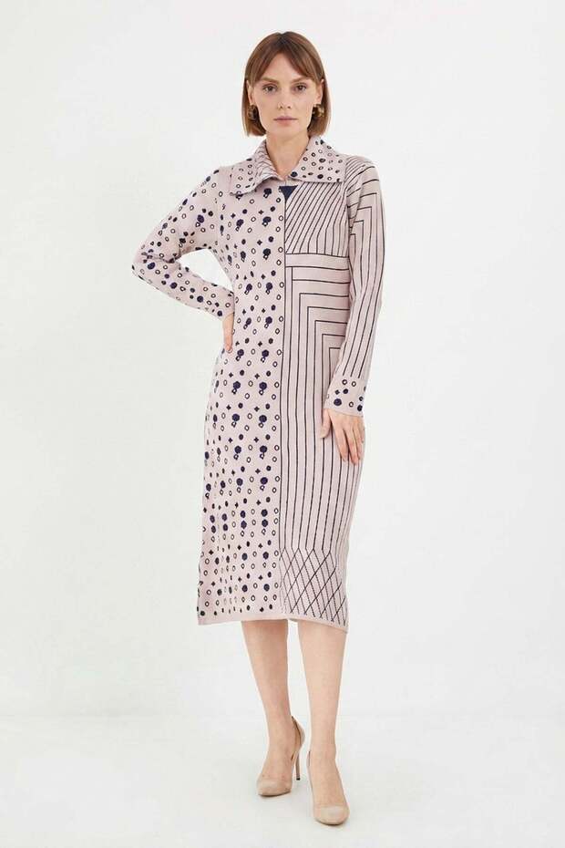 Patterned Polo Neck Knitwear Dress