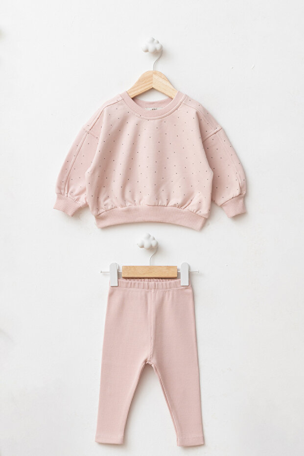 Girl's Patterned Oversize Sweatshirt and Ribbed Leggings Two-Piece Set
