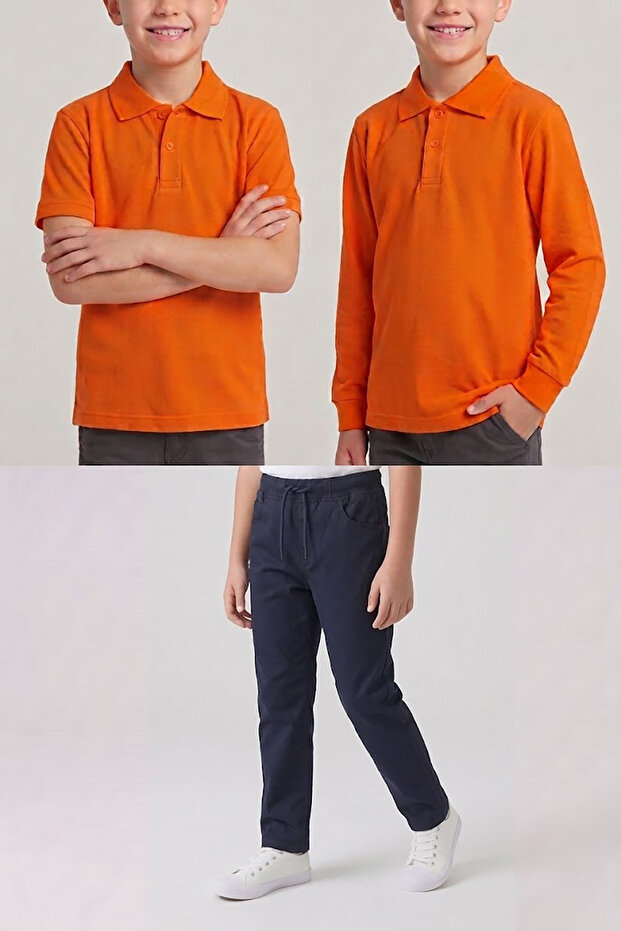 Boys' School Orange Long and Short Sleeve Polo Collar T-Shirt Navy Blue Ribbed Waist Pants 3-Piece Set