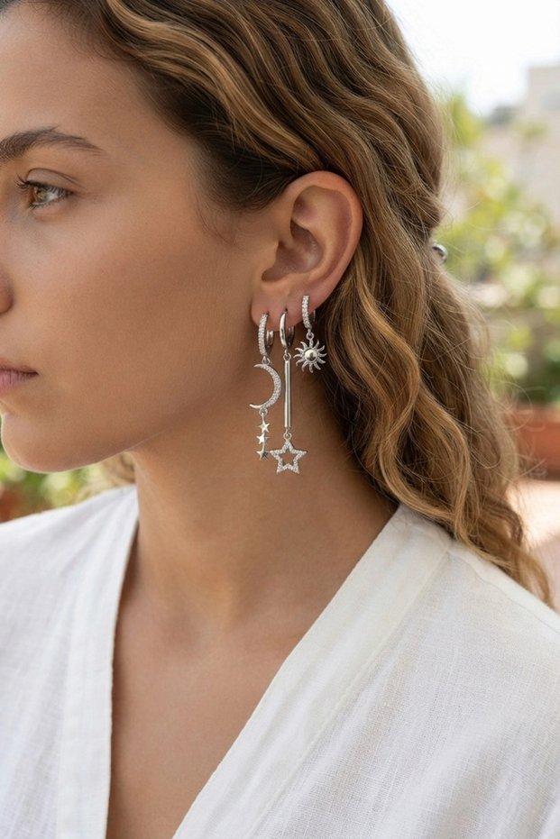 Set of 3 Moon, Star and Sun Model Silver Color Women's Earrings