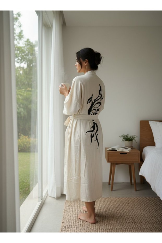 Women's Cream 100% Cotton Buldan Karatezgah Woven Phoenix Printed Belted Long Kimono Dressing Gown