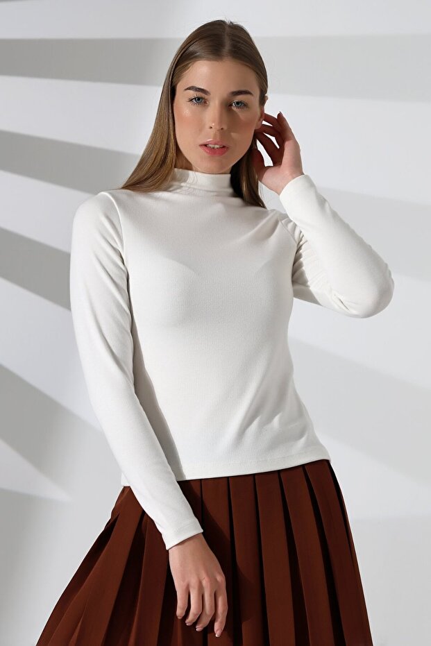 Women's High-Neck Slim Premium Ecru Long Sleeve Blouse