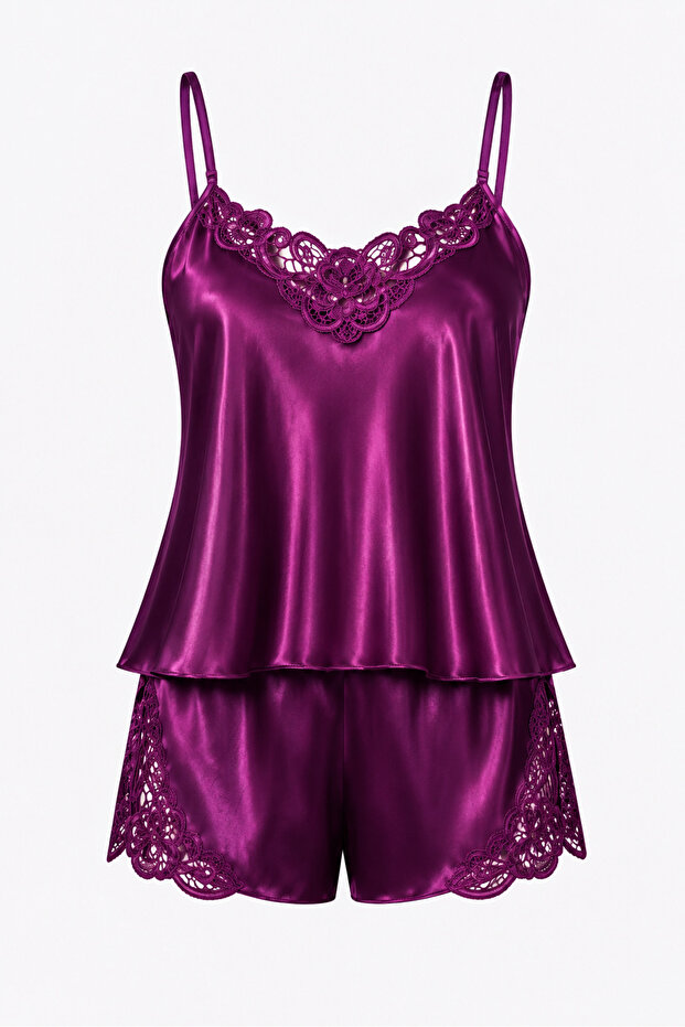 Lace-Trimmed Satin Shorts Pajama Set – 2-Piece Elegant Loungewear Set |