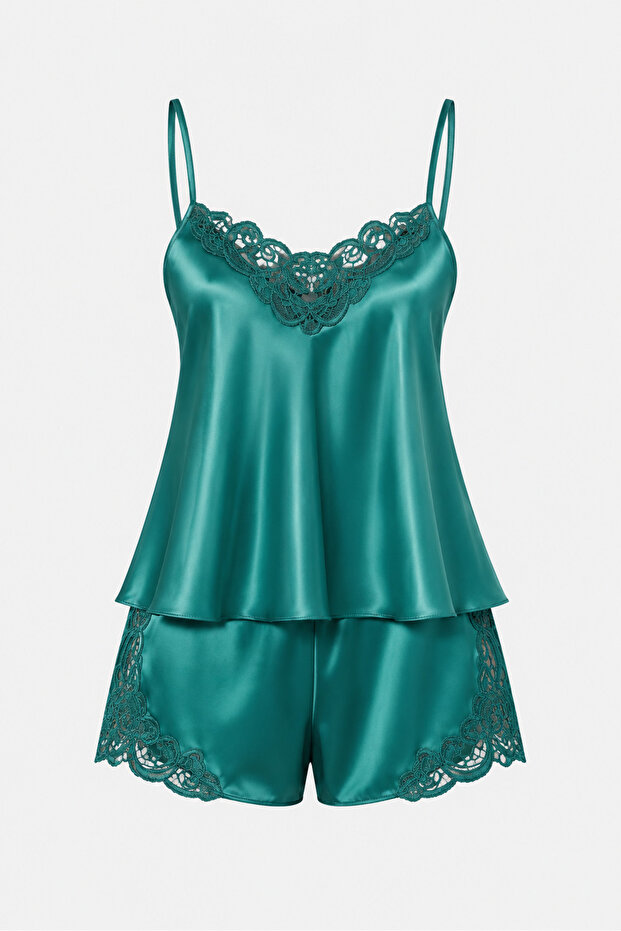Lace-Trimmed Satin Shorts Pajama Set – 2-Piece Elegant Loungewear Set |