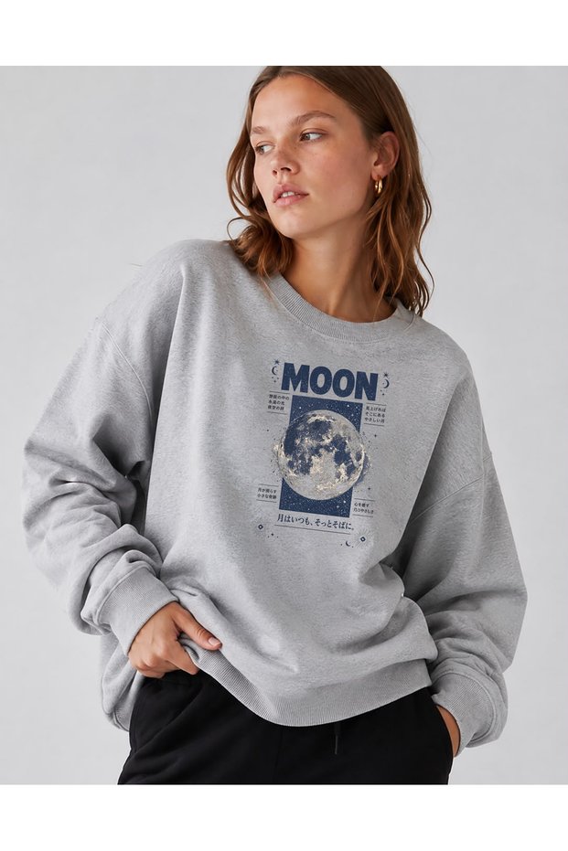 Women's Moon Written World Printed Comfortable Fit Crew Neck Gray Sweatshirt