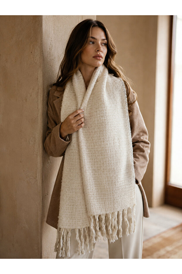 Ecru Glittery Soft Textured Tasseled Winter Shawl Sal1330