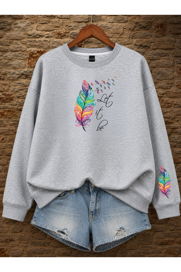 Women's Left It Palm Sleeve Printed Comfortable Fit Crew Neck Gray Sweatshirt