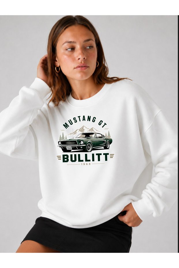 Women's Mustang Written Car Printed Comfortable Fit Crew Neck White Sweatshirt