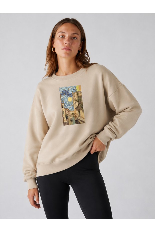Women's Van Gogh City Brush Print Comfortable Fit Crew Neck Beige Sweatshirt