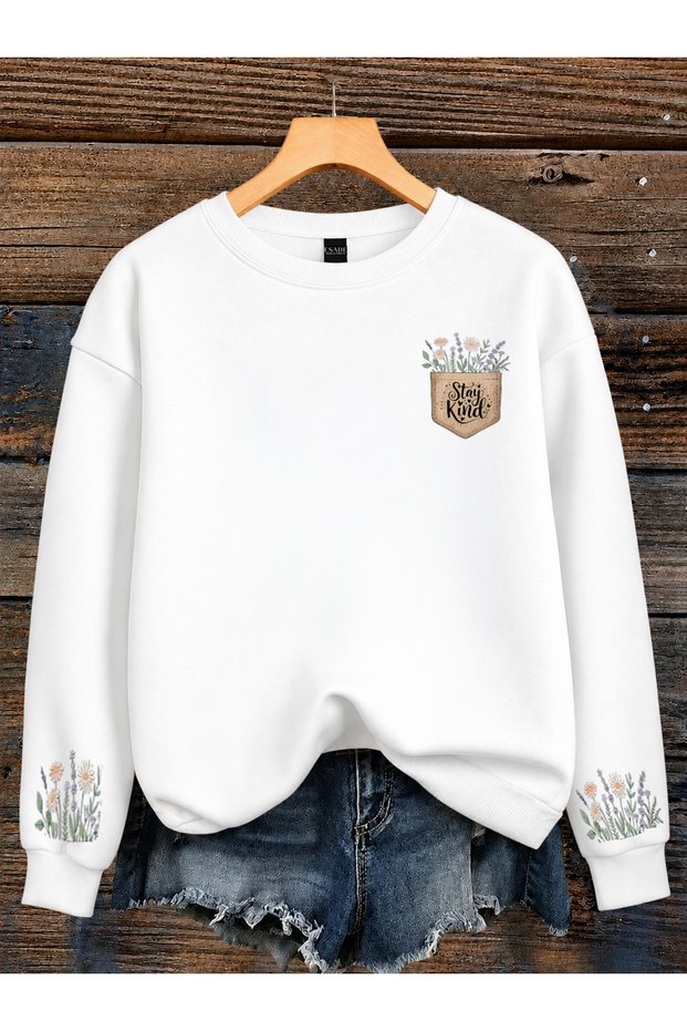 Women's Stay Kind Chest and Flower Sleeve Printed Comfortable Fit Crew Neck White Sweatshirt