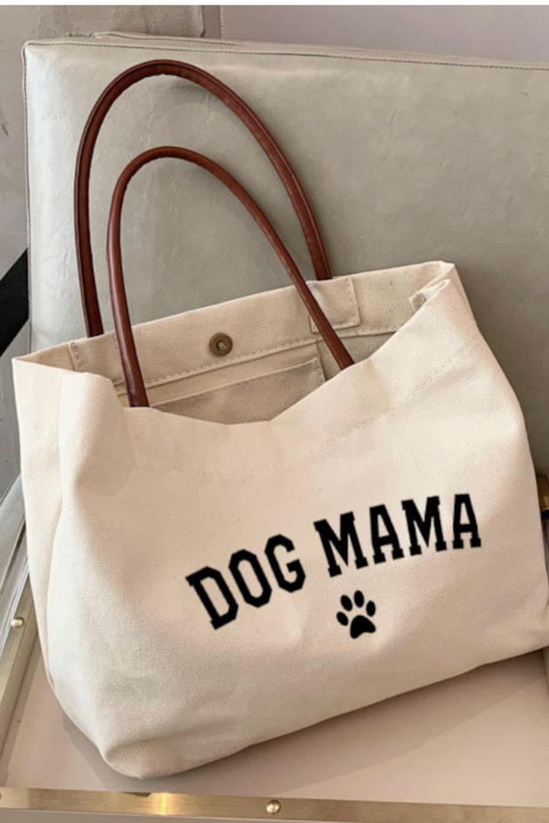Canvas Dog Mom Written Shoulder Bag Large Volume Brown Handle Daily Tote Bag