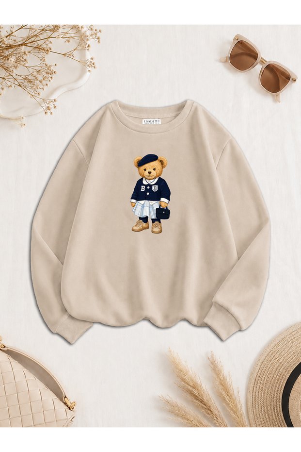 Women's Bear Bear College Printed Comfortable Fit Crew Neck Beige Sweatshirt