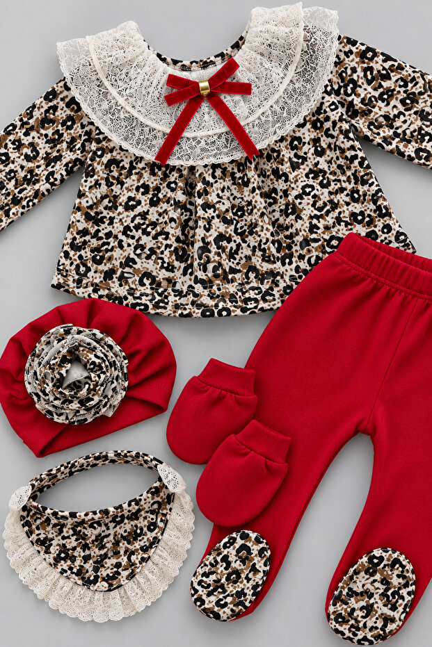 Lace Collar Leopard Patterned Newborn 5-Piece Hospital Discharge Set 100% Cotton Fabric/0-3 Months