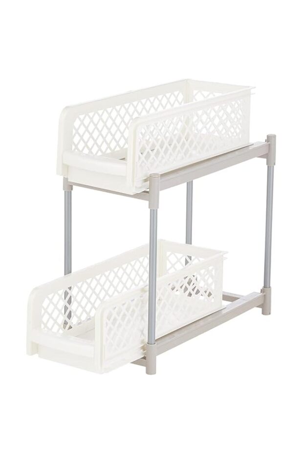 Under Sink Sliding Shelf 2-Tier White Kitchen Tool Storage Organizer Pull Out