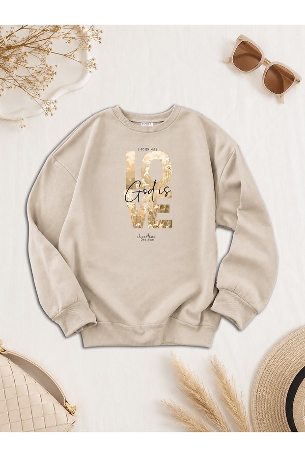 Women's Love God Written Special Design Comfortable Fit Crew Neck Beige Sweatshirt