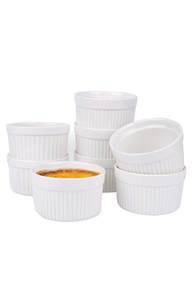 8 Oz Ramekin Bowls,8 PCS Bakeware Set for Baking and Cooking, Oven Safe Sleek Porcelain White Ramikins for Pudding, Creme Brulee, Custard Cups and Souffle Small instant table tray