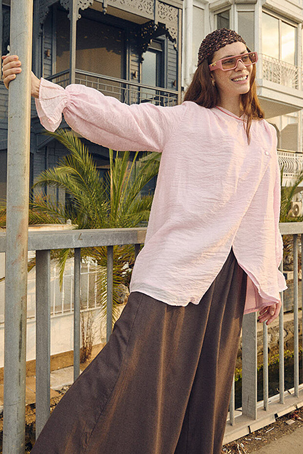 Asymmetrical Double-Breasted Tencel Shirt Dusty Pink