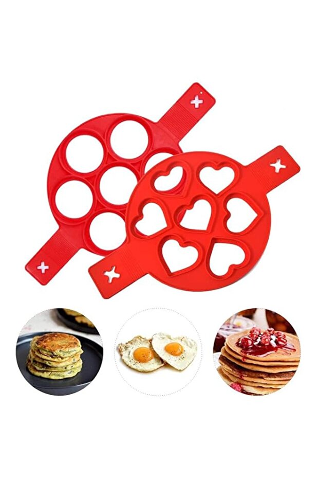 Bukela Omelette Mold Pancake Mold Ring 2 Silicone Pancake Molds 7 Holes Heart Reusable Silicone Non-Stick Pancake Tool Egg Ring for Egg Maker Makes Right Shape (Red)