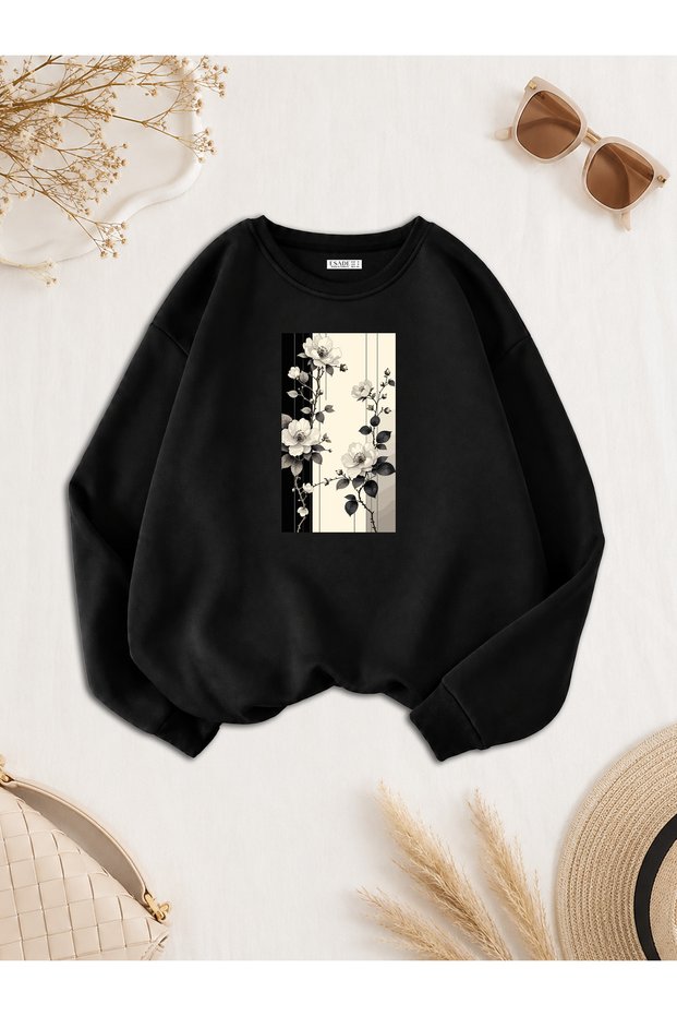 Women's Flowers Vertical Special Design Printed Comfortable Fit Crew Neck Black Sweatshirt