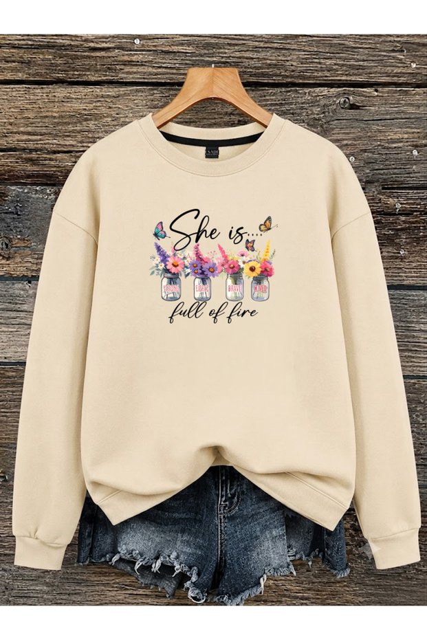 Women's Floral Special Design Graphic Printed Comfortable Fit Crew Neck Beige Sweatshirt