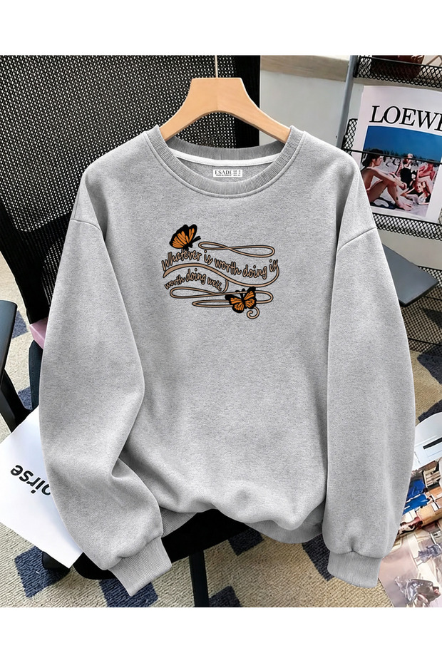 Women's Whatever Butterfly Graphic Printed Comfortable Fit Crew Neck Gray Sweatshirt