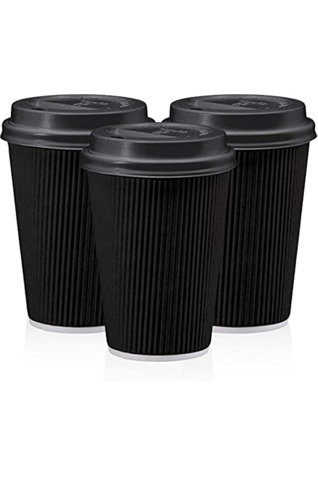 25 Black Triple Wall Ripple Paper Coffee Cups for Hot and Cold Drinks, 8 oz
