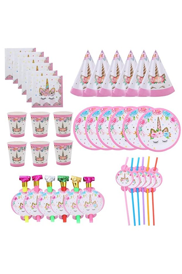 Goldedge Unicorn Print Party Set Design Paper Plate Cups Straws Tissue 36-Piece Set