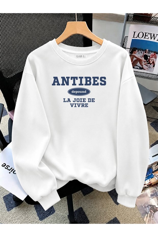 Women's Antibes Depound Printed Comfortable Fit Crew Neck White Sweatshirt