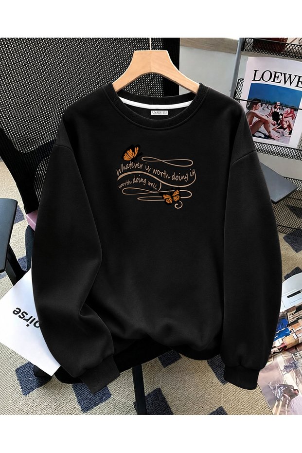Women's Whatever Butterfly Graphic Printed Comfortable Fit Crew Neck Black Sweatshirt