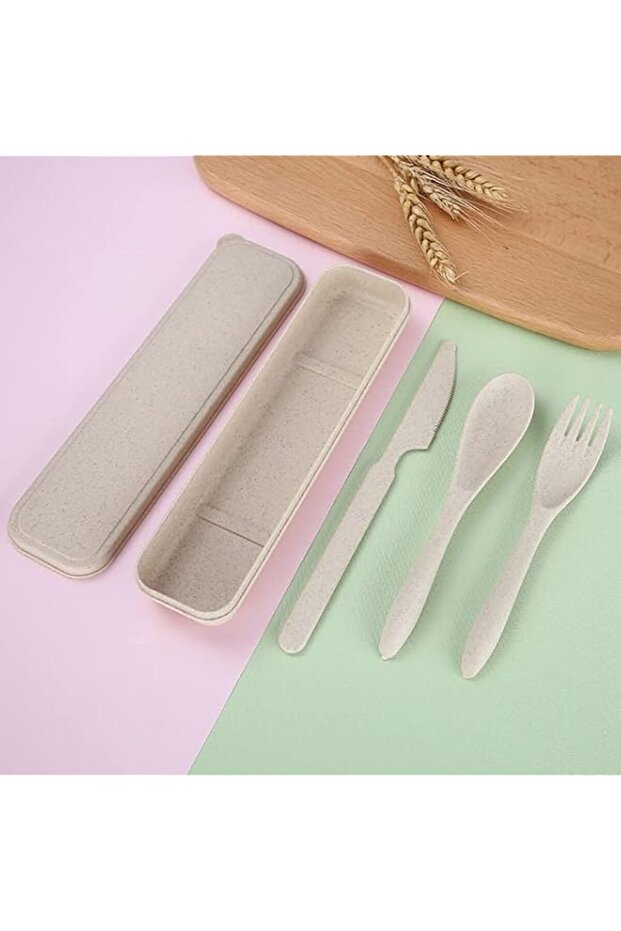 MahMir Dishwasher & Microwave Safe Reusable Wheat Straw Cutlery, Spoon Knife Fork Tableware Set (Beige)