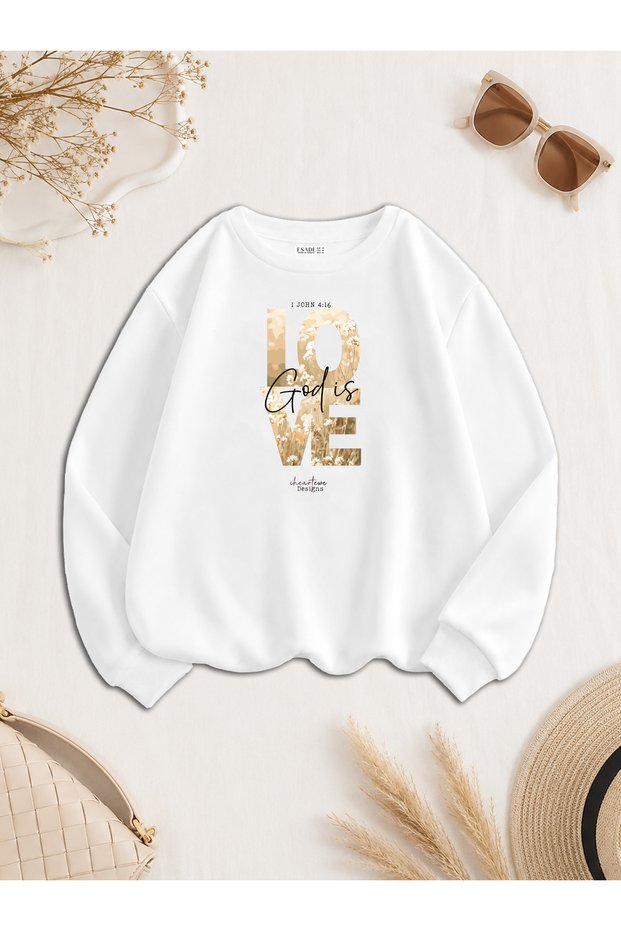 Women's Love God Written Special Design Comfortable Fit Crew Neck White Sweatshirt