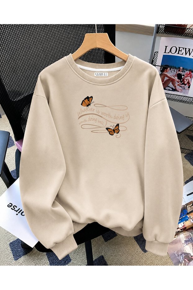 Women's Whatever Butterfly Graphic Printed Comfortable Fit Crew Neck Beige Sweatshirt