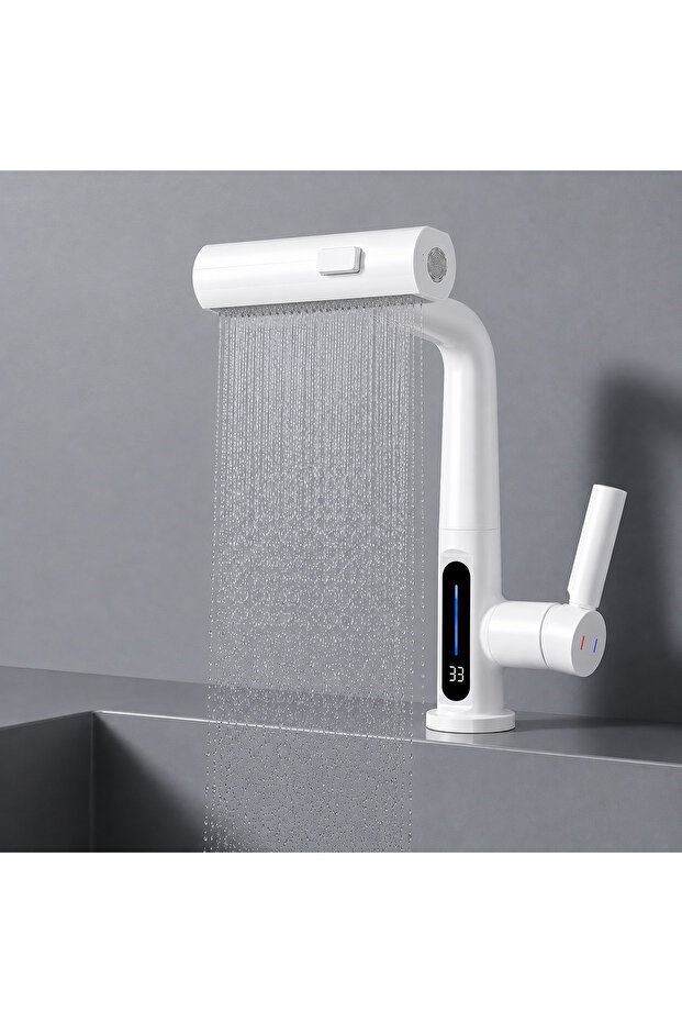 3-Mode Led Temperature Display Pull-Out Waterfall Faucet 360 ° Swivel Kitchen Bathroom Sink Faucet