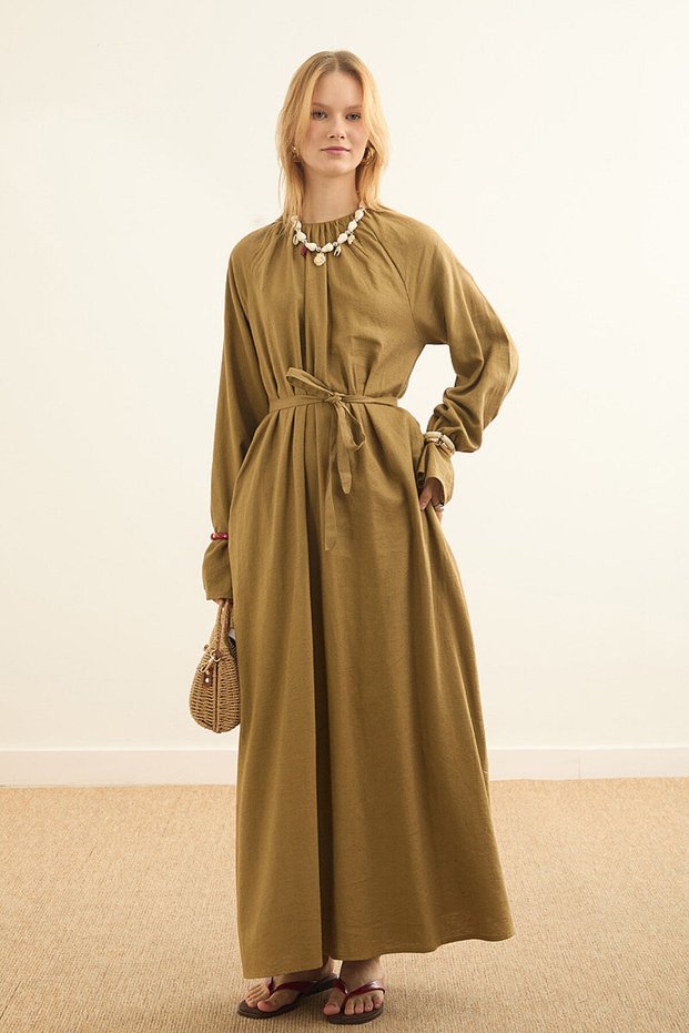 Drawstring Linen Dress Khaki