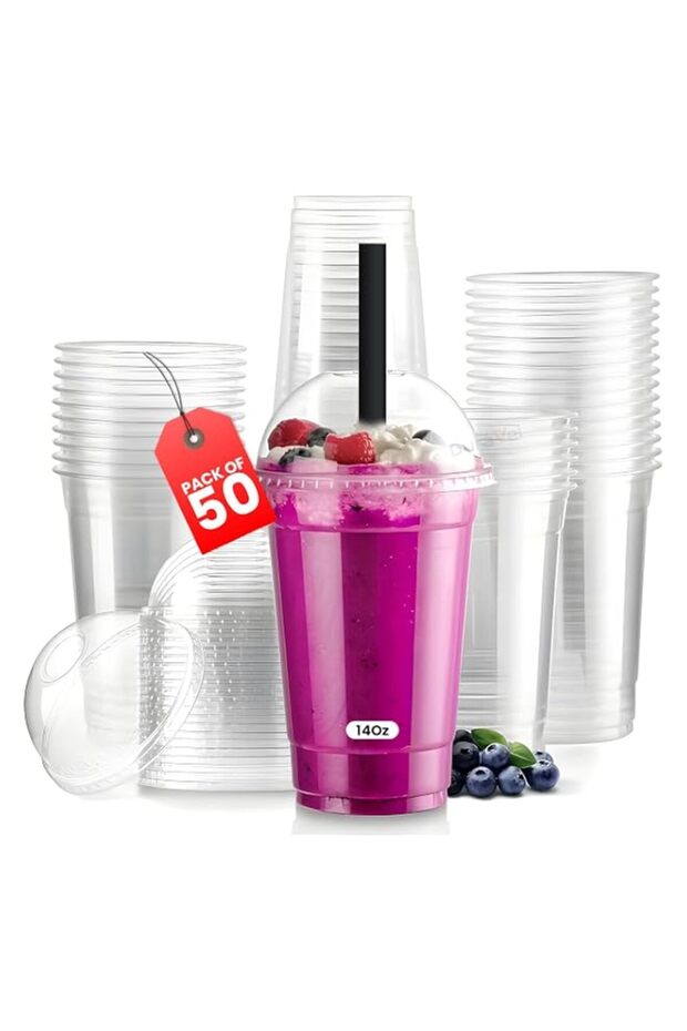 Duravel Clear Plastic Cups with Dome Lids, 14 Oz, Pack of 50, for Cold Drinks, Smoothies, and Milkshakes