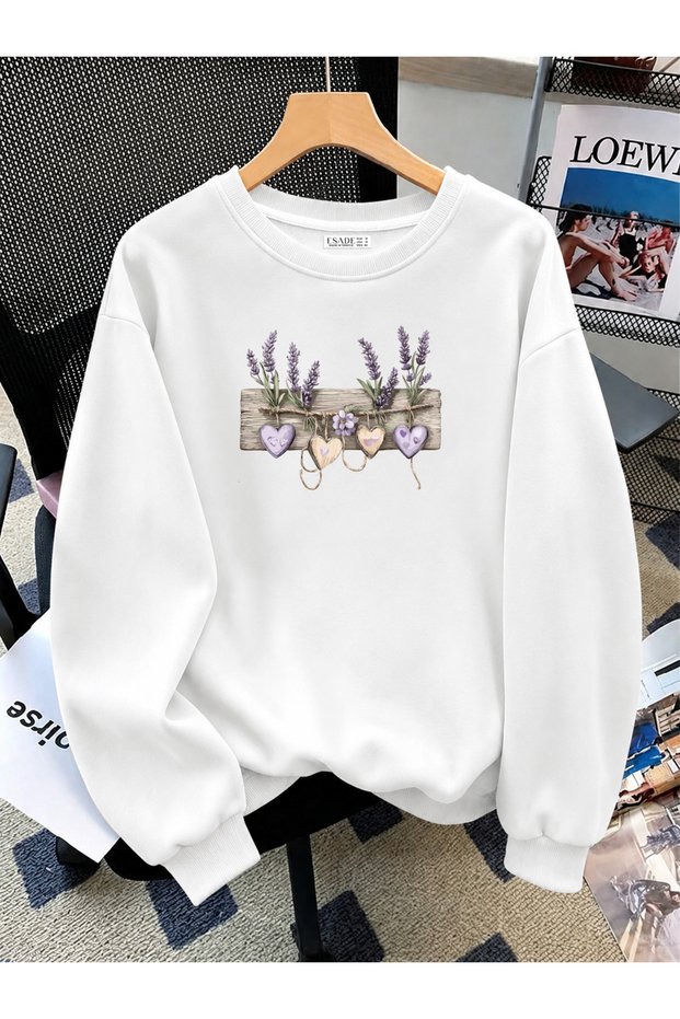 Women's Lavender and Heart Printed Comfortable Fitted Wool Crew Neck White Sweatshirt