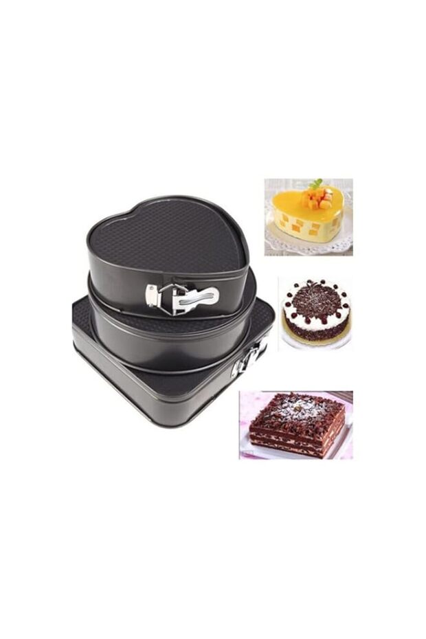 3Pcs/Set Square Round Heart Shape Cake Mold Non Stick Baking Tray With Buckle Bakeware Black 27 * 27 * 27Cm