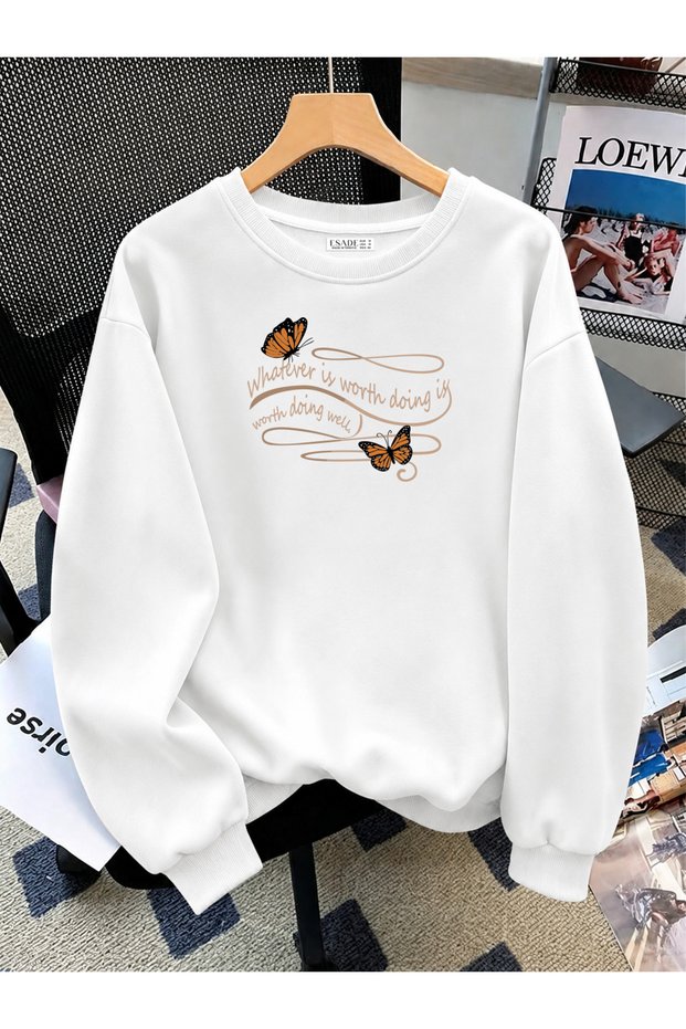 Women's Whatever Butterfly Graphic Printed Comfortable Fit Crew Neck White Sweatshirt
