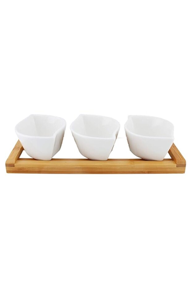 Shallow Porcelain Serving Bowl with Bamboo Pedestal, White/Brown, Dd3232, 3 Pieces
