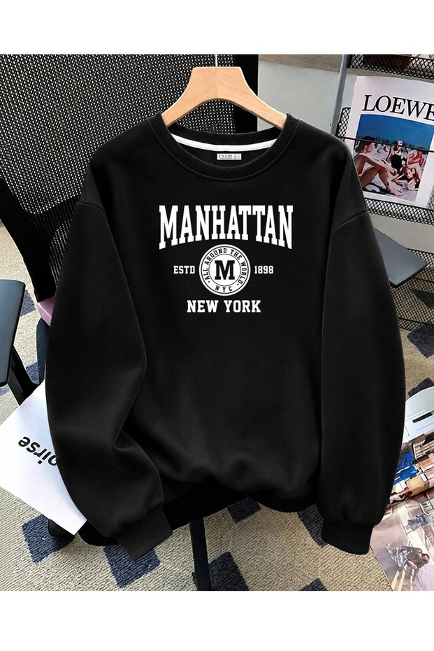 Women's Manhattan Estd 1898 Printed Comfortable Fit Crew Neck Black Sweatshirt