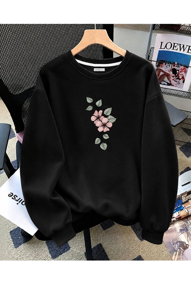 Women's Ivy Flower Graphic Printed Comfortable Fit Crew Neck Black Sweatshirt