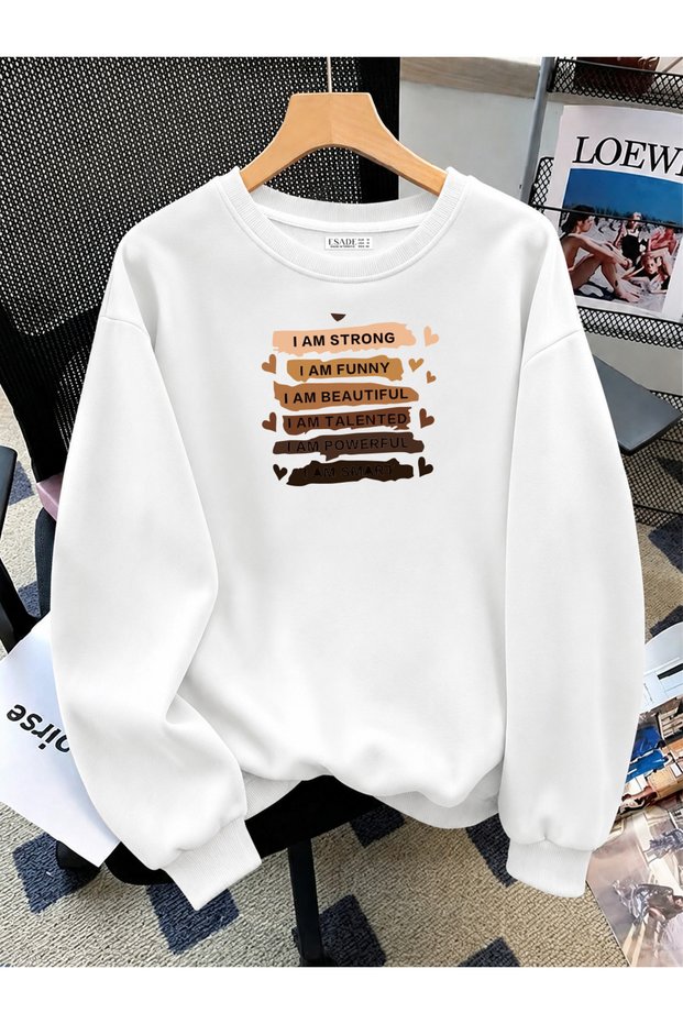 Women's Special Design Printed Comfortable Fit Crew Neck White Sweatshirt with Text on the Bottom